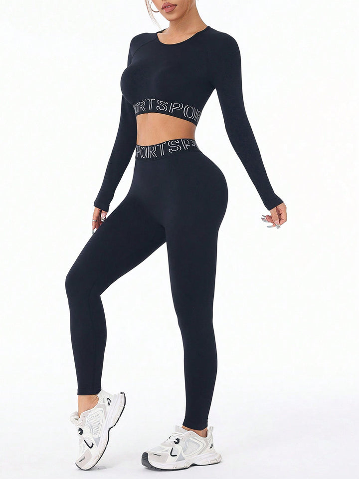 Letter Print Long Sleeve Top & Leggings Set