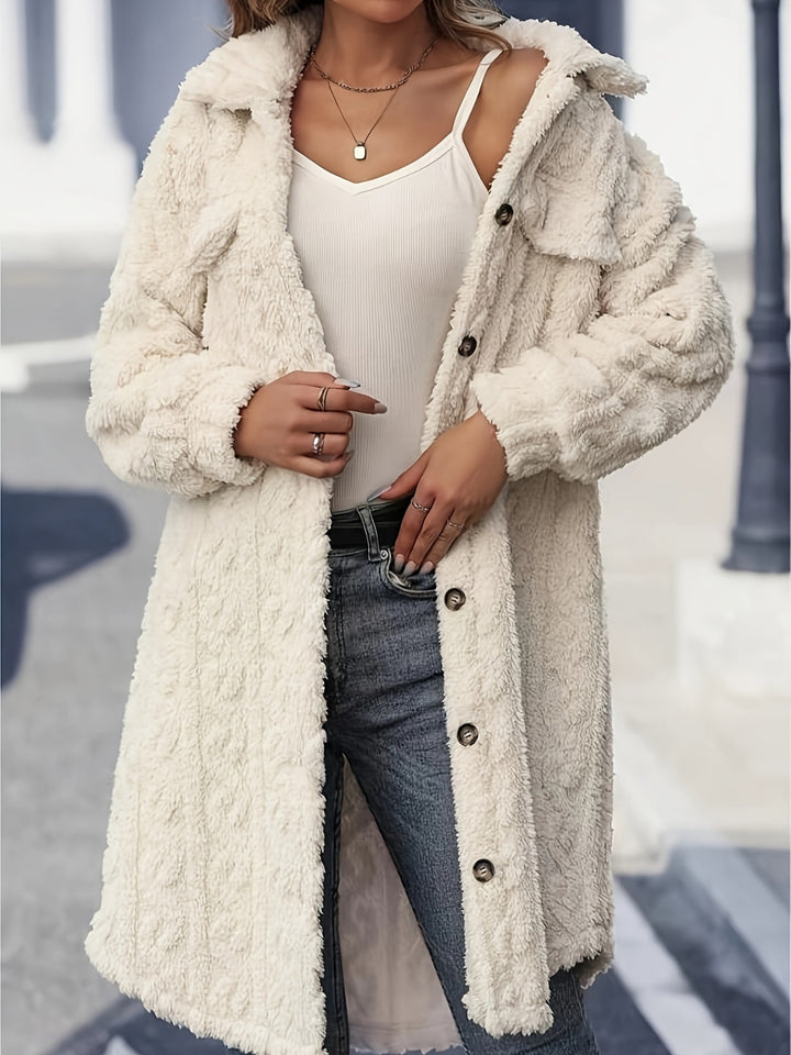 Fuzzy Longline Button-Up Coat with Long Sleeves