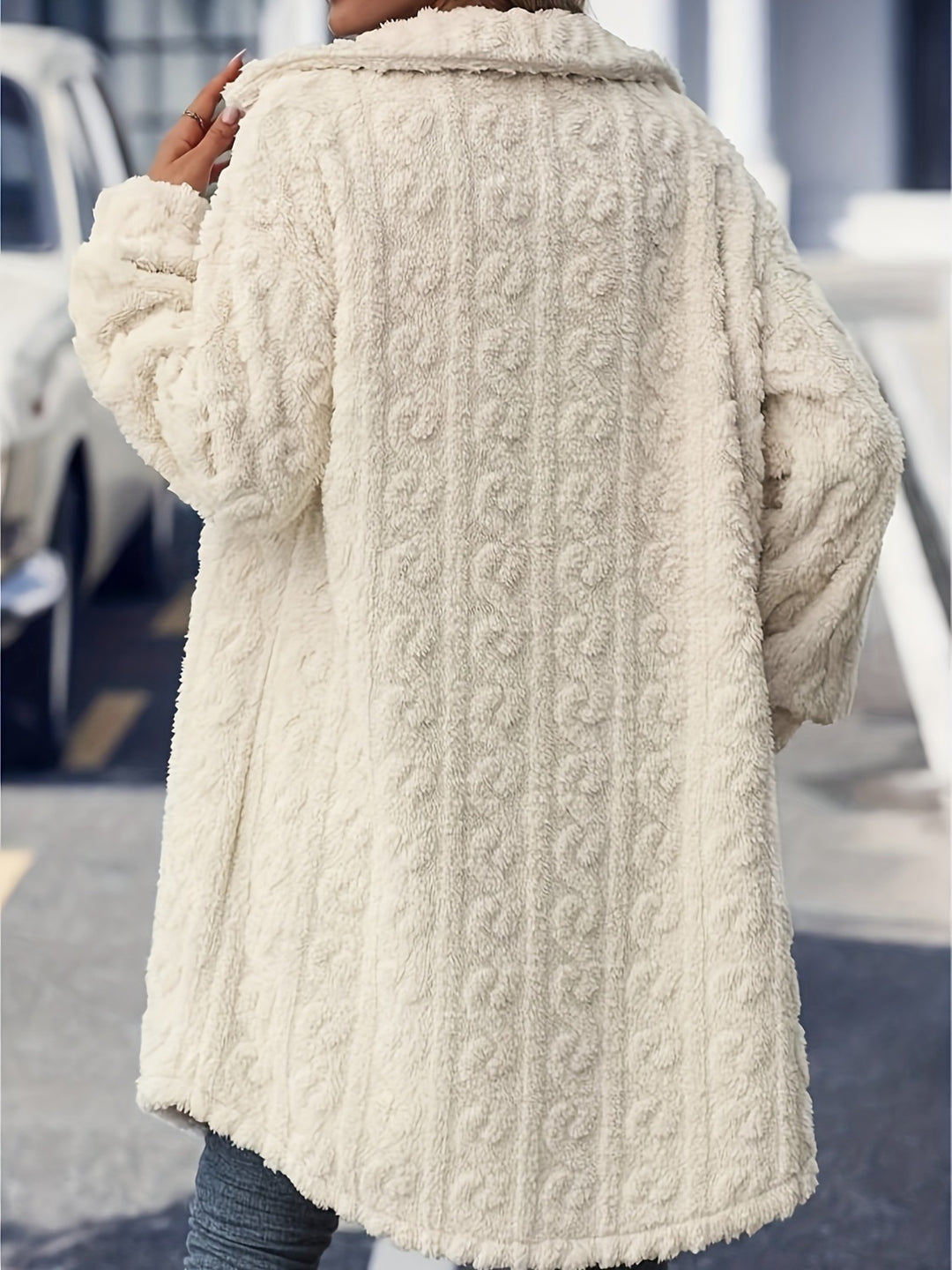 Fuzzy Longline Button-Up Coat with Long Sleeves